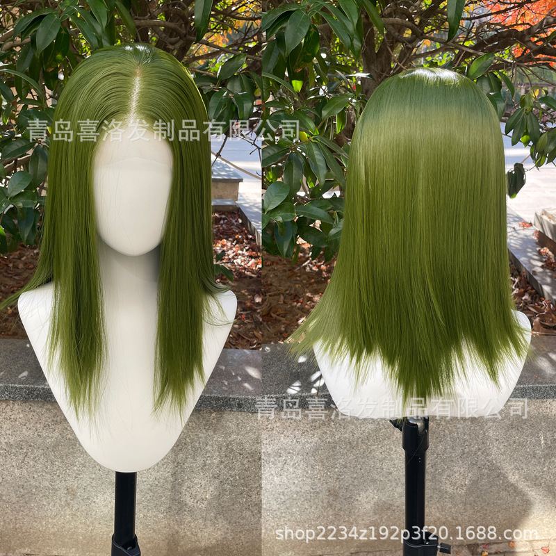13X4 Large Lace Headgear Olive Green Medium Split Clavicle Hair Wig Unisex Age Reduction Artificial Artificial Lace