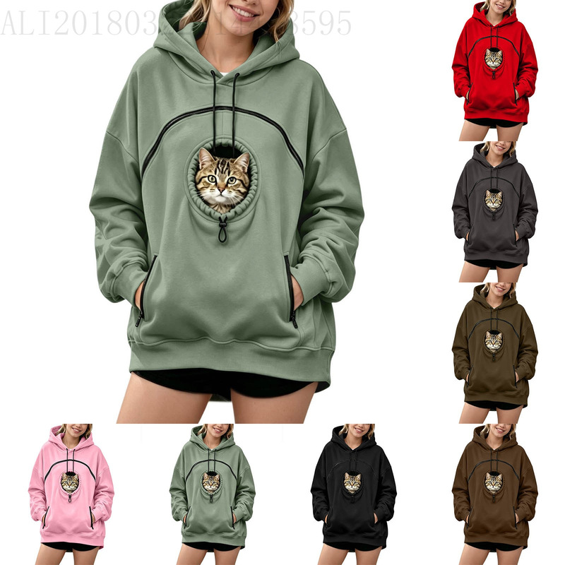 New Amazon Women's Hooded Sweatshirt with Cat Pet Design, Long-Sleeved, Fleece-Lined, Zippered, Warm Top