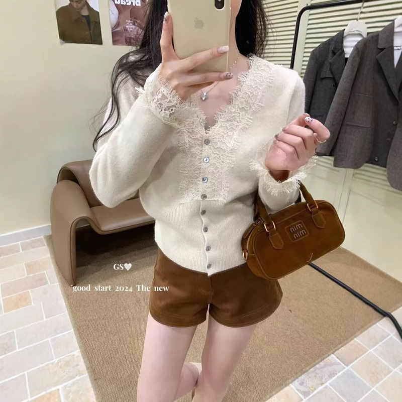 Ashimi Cashmere Design All-match Niche Lace Stitching Base Shirt Stacked V-neck Sweater Knitted Cardigan Women