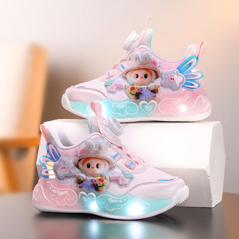 2025 Autumn New Convenient Rotating Button Girls' Sports Shoes Soft Sole Luminous Princess Style Boys' Casual Sports Shoes