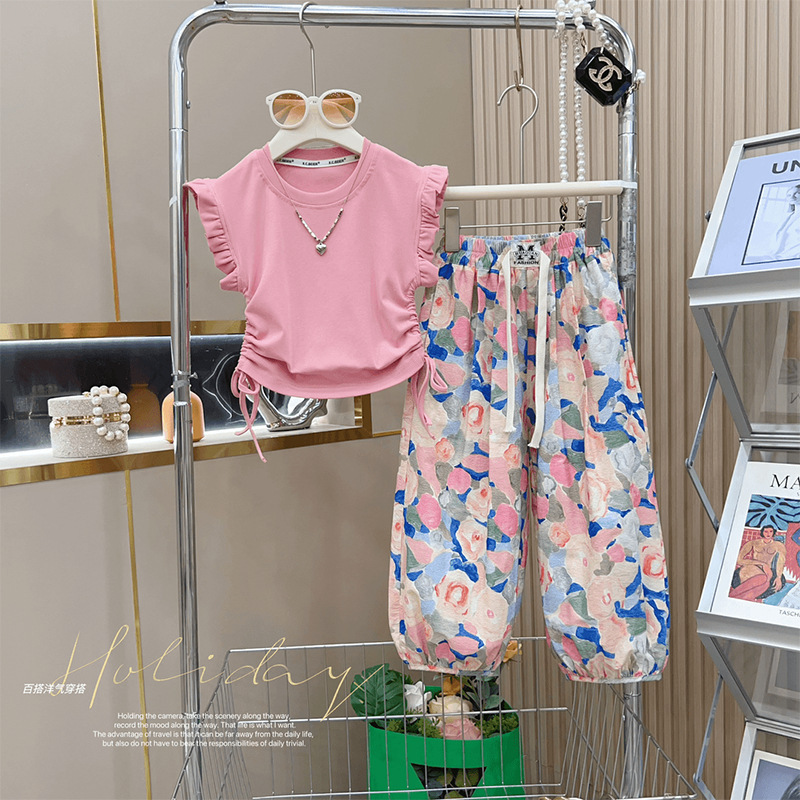 Girls' Summer Anti-mosquito Pants Set 2024 New Style Fashionable Irregular T-Shirt Trousers Korean Two-piece Set