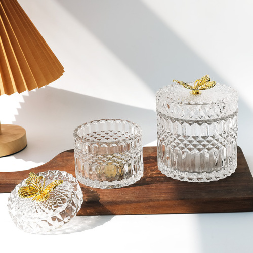 ins retro French embossed glass storage jar desktop decoration ornaments makeup cotton swab jar storage box with lid