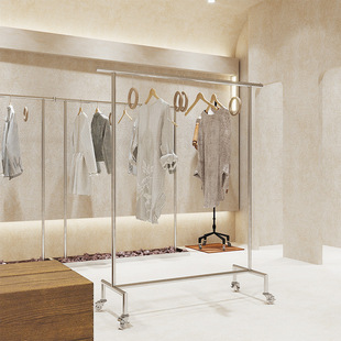 Clothing Store Women's Clothing Display Rack Floor-Standing Island Rack with Wheels Clothing Rack Live Broadcast Room Stainless Steel Exhibition Hall Clothes Rack