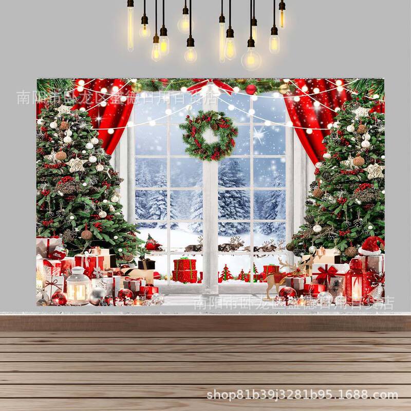 Christmas Window Xmas Tree Gifts Photography Backdrop Cloth Winter Snow Scenery Photo Background Xmas Party Decoration Banner