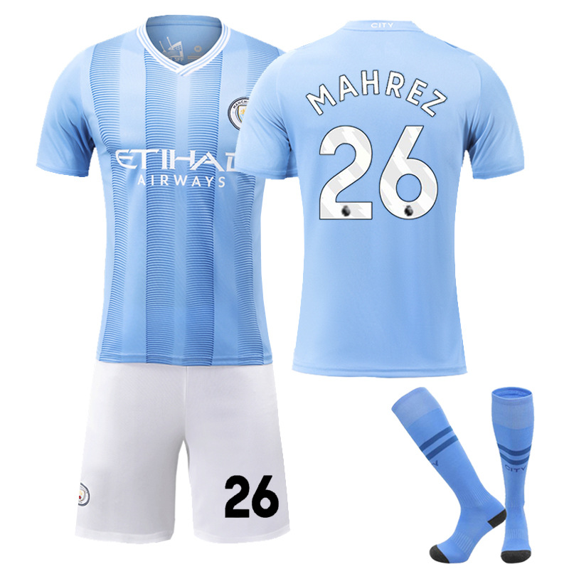 thumbnail image 1 of 2324 Manchester City versión correcta en casa No. 9 Haaland No. 17 De Bruyne ropa de fútbol traje para niños y adultos, 1 of 5