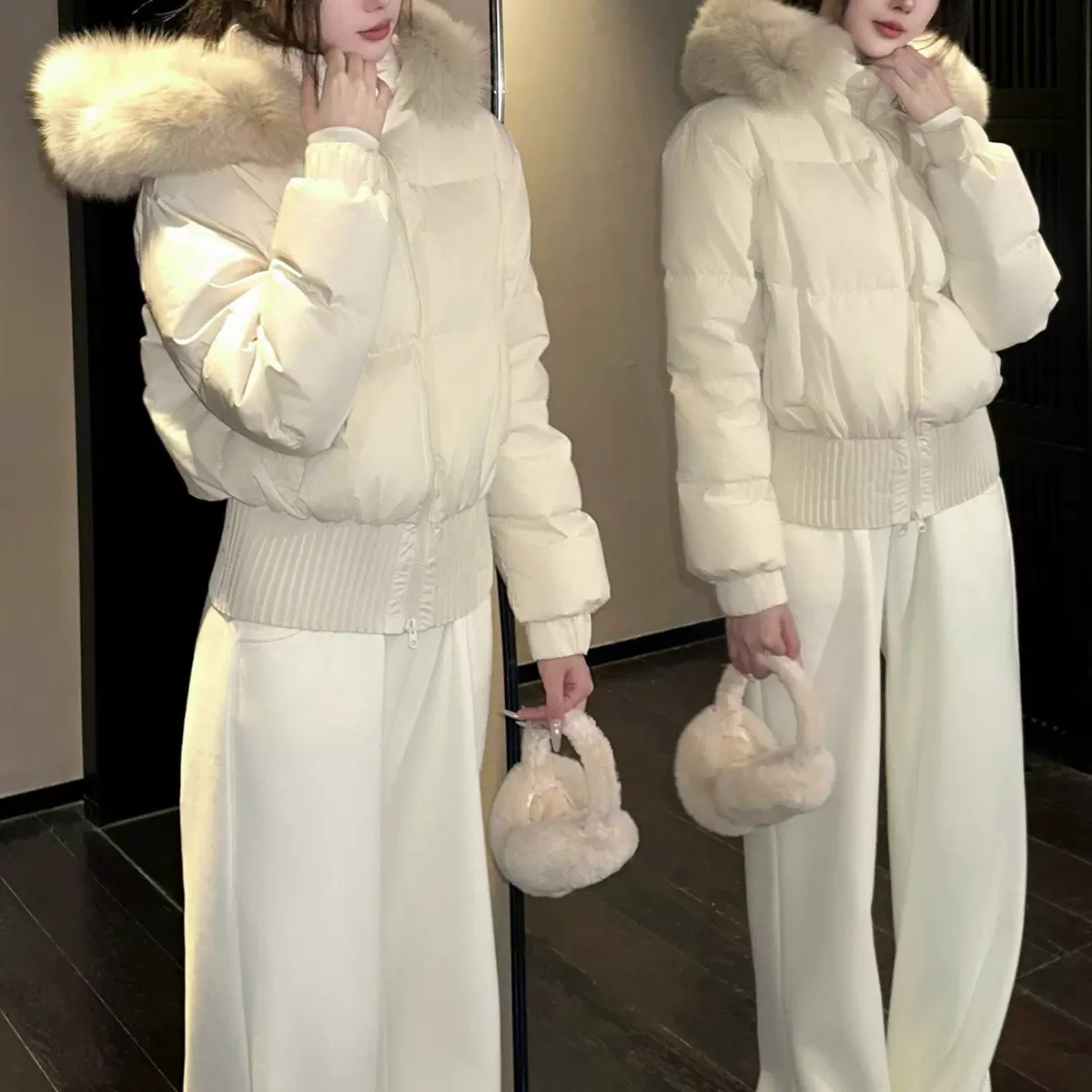 收腰小暖包 好比例 连帽毛领 白鸭绒收腰羽绒服外套