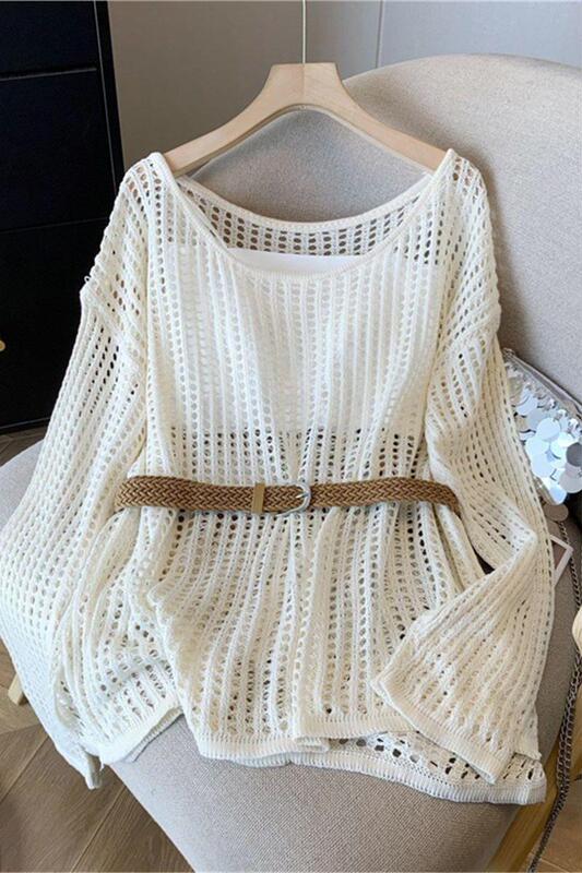 Hot Girl Sexy Cut Out Lazy Style Long-Sleeved Knitwear for Women Autum New Style with Belt Loose Outer Wear Thin Top Hot Girl Sexy Cut Out Lazy Style Long-Sleeved Knitwear for Women Autum New Style with Belt Loose Outer Wear Thin Top