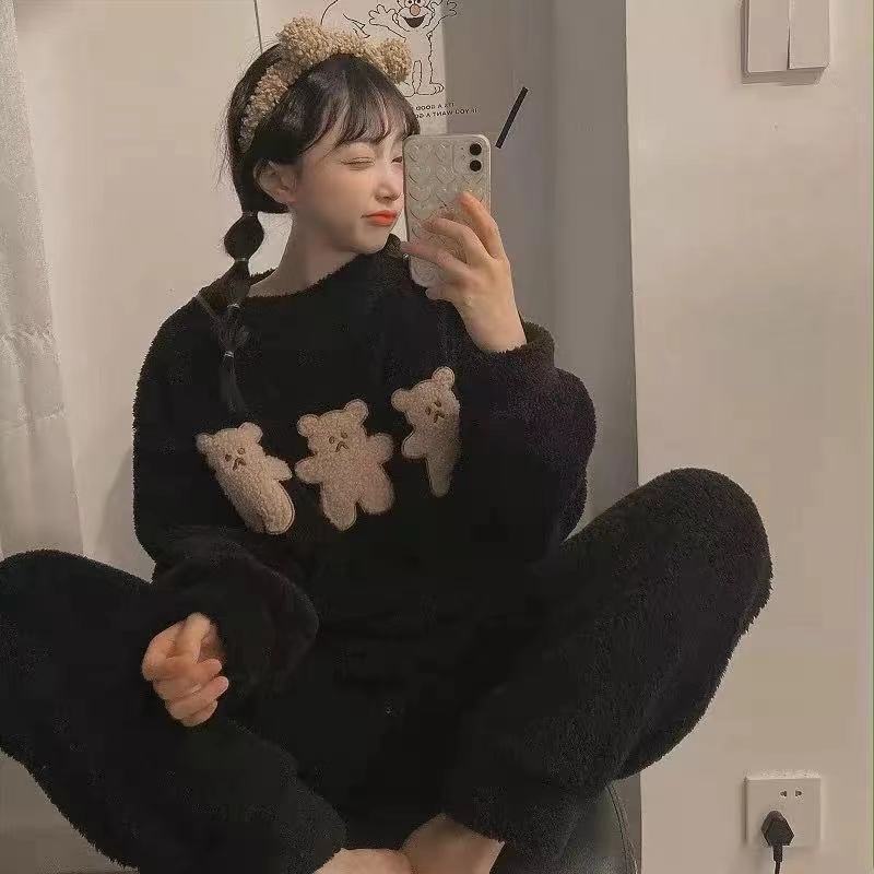 Pijamas de invierno las mujeres coral fleece dulce lindo Otoño e Invierno engrosada franela corte princesa estilo desgaste del hogar traje