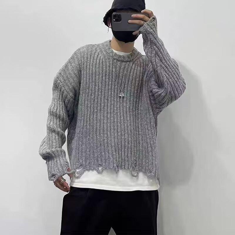 美式复古短款破坏感流苏宽松圆领毛衣男女高街百搭休闲慵懒针织衫