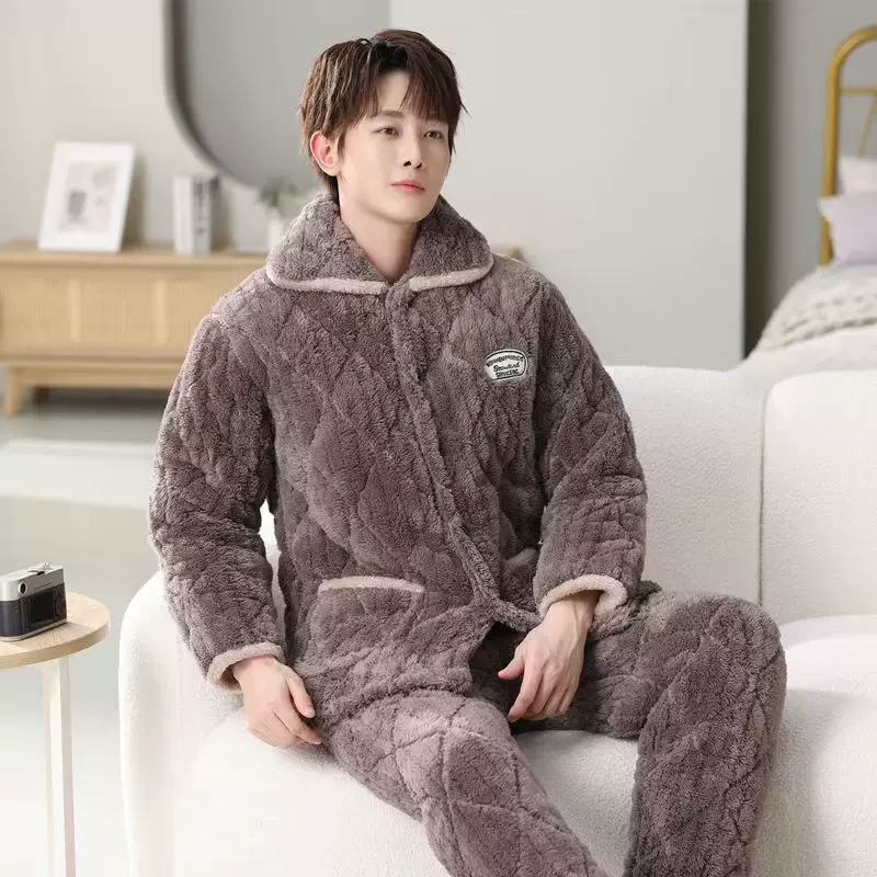 冬季男士三层夹棉睡衣法兰绒加厚加绒中老年棉家居服外穿长袖