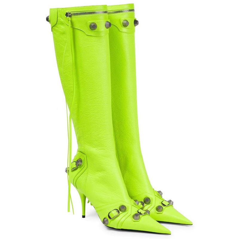 2024 Cross-border Foreign Trade Thin-heeled High-heeled Pointed Side Zipper Metal Rivet Pin Buckle Knee-high Boots Large Size Women's Boots