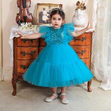 欧美亚马逊婴儿周岁公主裙飞袖亮片蓬蓬婚纱花童裙女宝宝儿童礼服