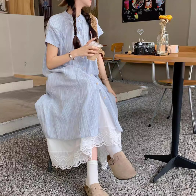Japanese-Style Sweet Layered Outfit for Women, Summer 2026 New Striped Shirt Dress and Lace Half-Skirt Two-Piece Set