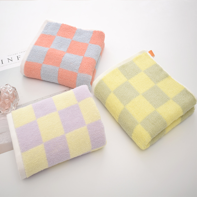 純棉毛巾a類32股粉色方形格子全棉面巾吸水禮品色織提花毛巾定製