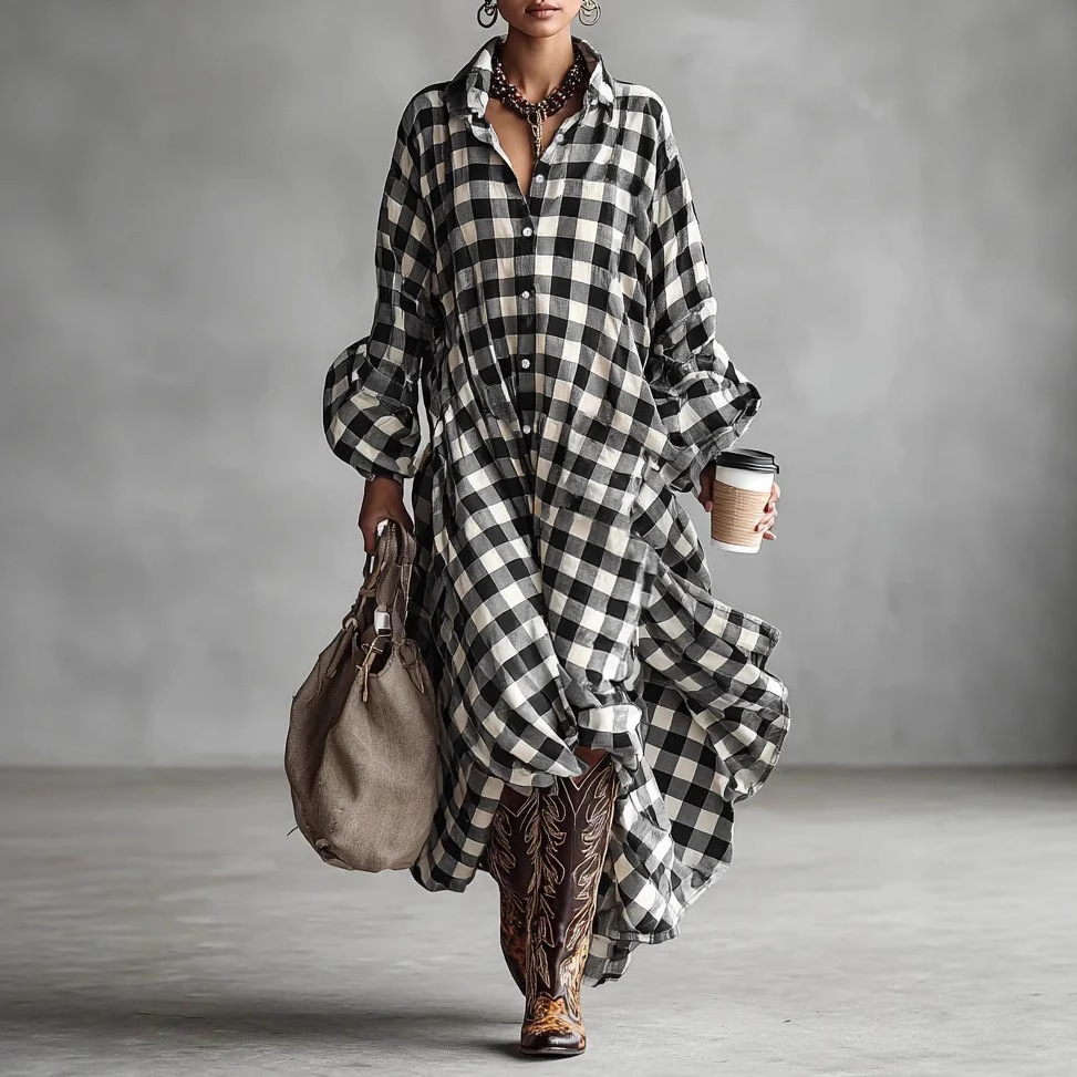 2025 European and American Women's Clothing Digital Printing Cotton and Linen Long Shirt Plaid Loose Version Women's Windbreaker Dress