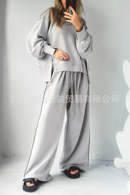 欧美跨境2025秋冬亚马逊新款圆领拼接卫衣抽绳运动长裤休闲套装女|undefined