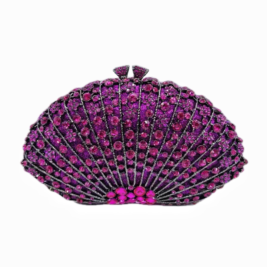 Túi clutch nữ đính đá hình quạt dạ tiệc cao cấp — Vàng Pha Lê, Tím đậm, Đỏ tím, Nền vàng kim cương trắng