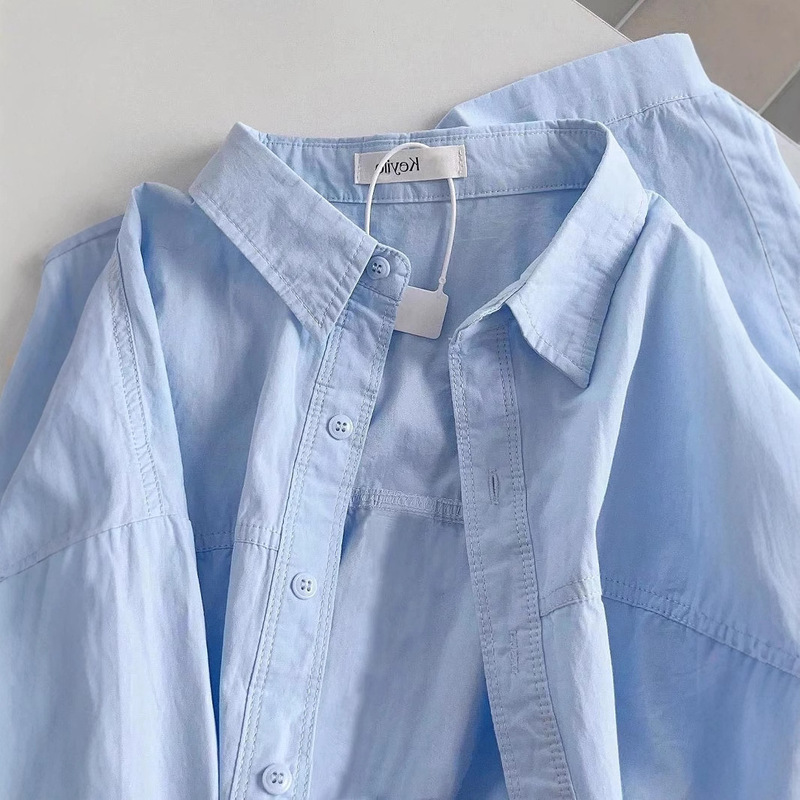 Plus Size Women's Summer Blue Cotton Shirt Women's Slim and Versatile Layered Bottoming Shirt Long-Sleeved Top