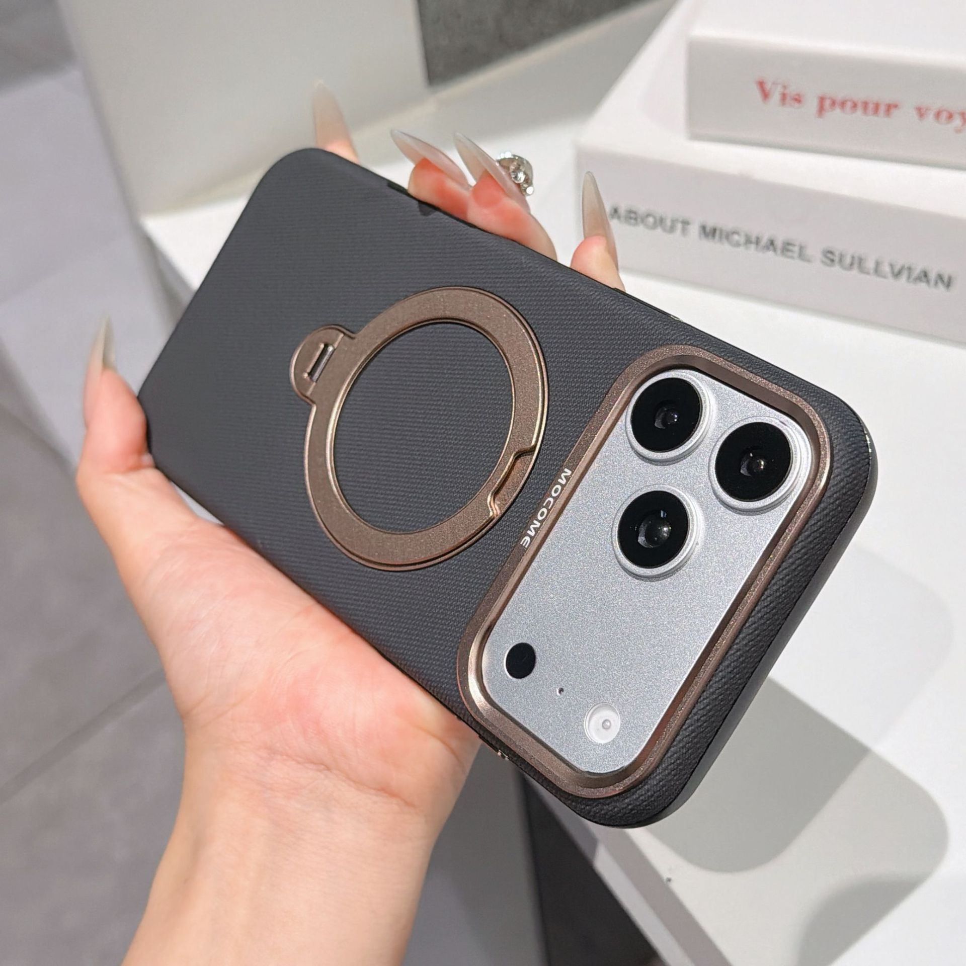 Ốp lưng da iPhone 16/17 Pro Max có vòng xoay 360 độ, nam châm hút, chống sốc viền dày — Đen, Nâu, Tím, Xanh dương chi tiết 26