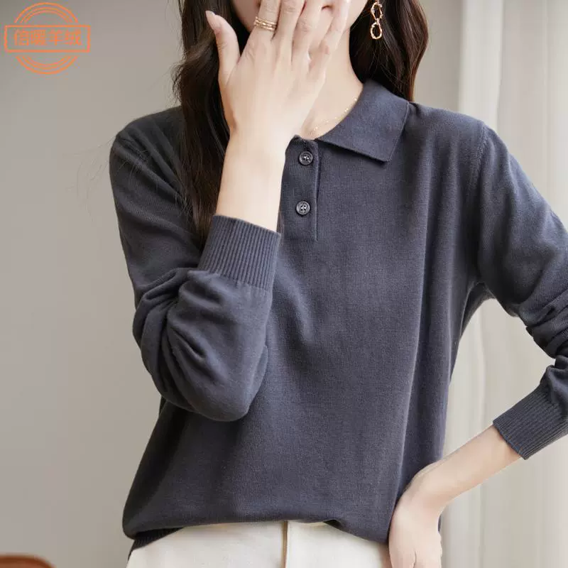 纯棉线POLO领上衣女春秋新款气质内搭长袖打底针织衫舒适全棉毛衣