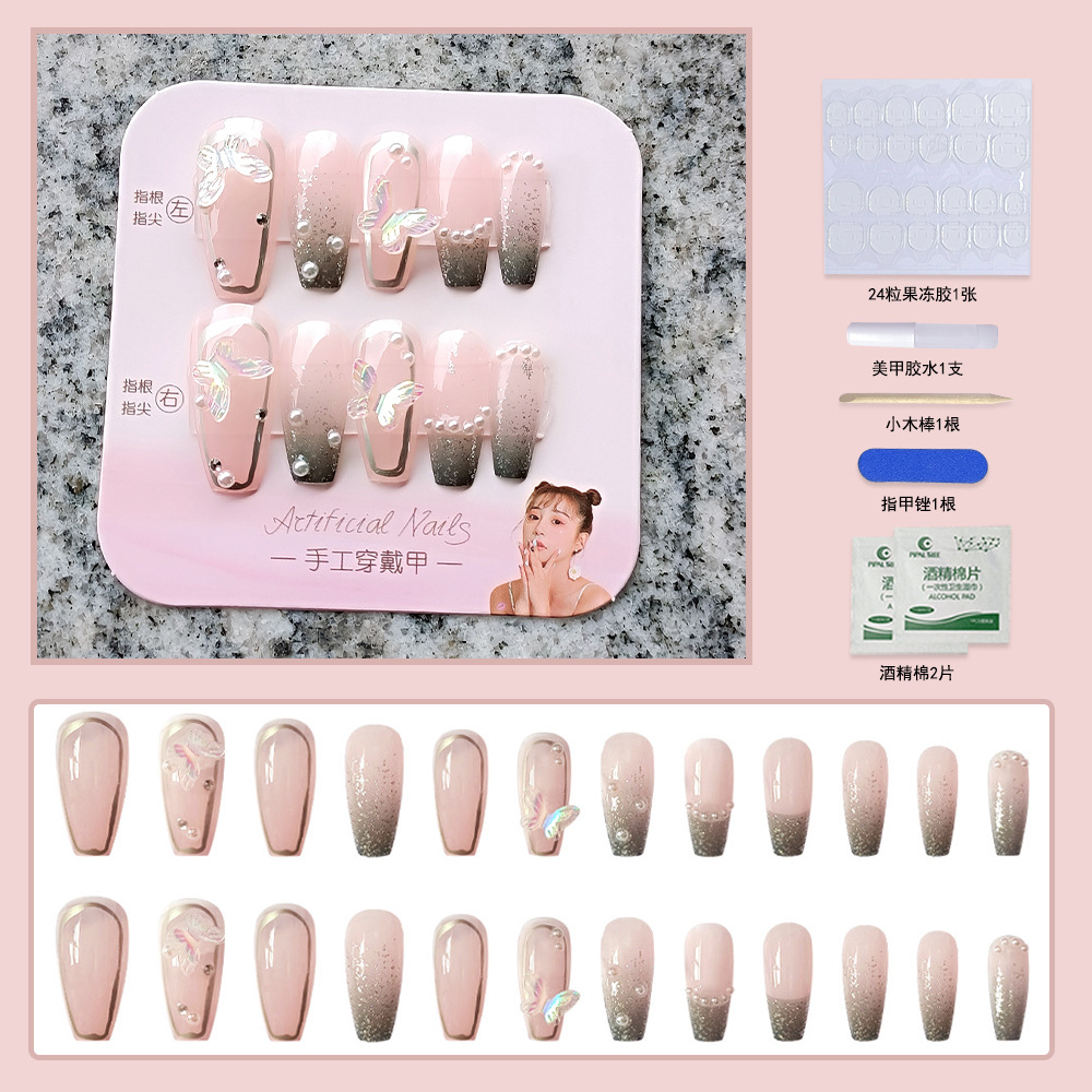 Uñas Postizas Artesanales con Pedrería Set de 24 Piezas Largo, Estilo Ballet para Manicura