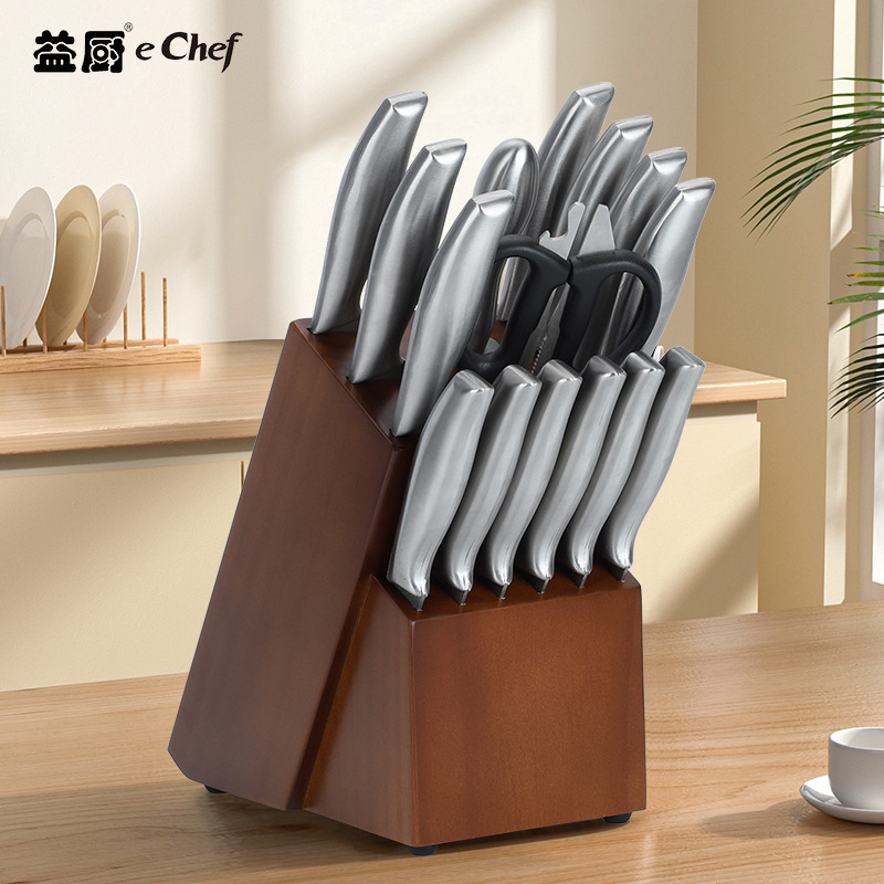 Juego de cuchillos de cocina de acero inoxidable para exportación, juego de 16 piezas, cuchillo multifuncional para cortar verduras, combinación de cuchillos con soporte de madera maciza