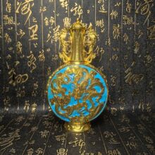 工艺品仿古做旧彩绘鎏金双龙扁瓶花瓶浮雕精品摆件工艺品杂项