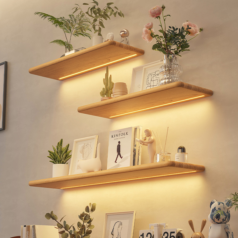 All Solid Wood Luminous Board Wall Storage Rack Built-in Light Strip Wall One-word Shelf Bookshelf Honor Wall Display Rack
