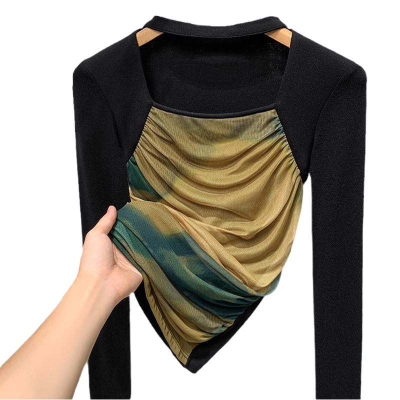 Camisa de fondo de malla para mujer 2023 nuevas mujeres retro cuello cuadrado teñido con costuras de manga larga Camiseta elástica interior superior
