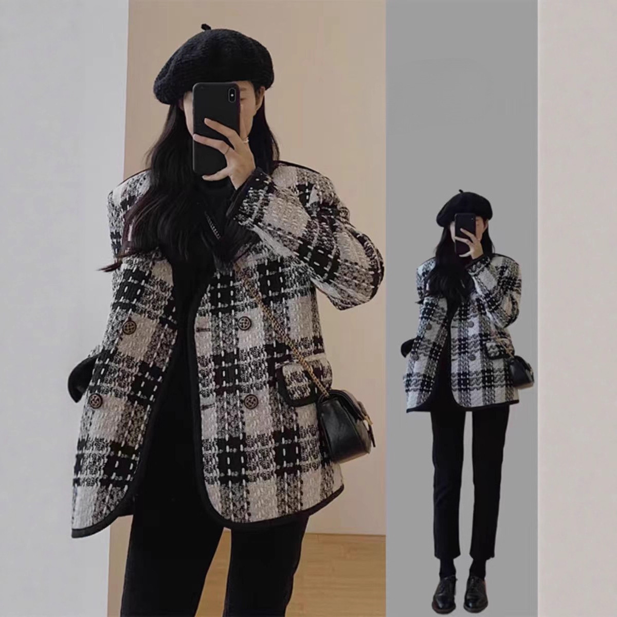 Korean Style New Autumn and Winter French High-End Super Nice Design Short Tweed Plaid Jacket for Women