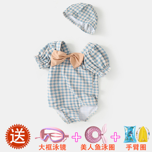 Baby Girls' Cute Plaid One-Piece Swimsuit for Kids, Quick-Drying Beach and Hot Spring Swimwear, Korean Style
