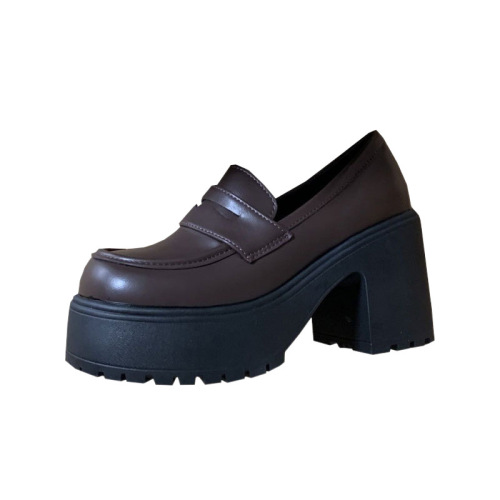 English-style retro small leather shoes for women, autumn and winter French thick sole high-heeled single shoes, easy-to-wear loafers