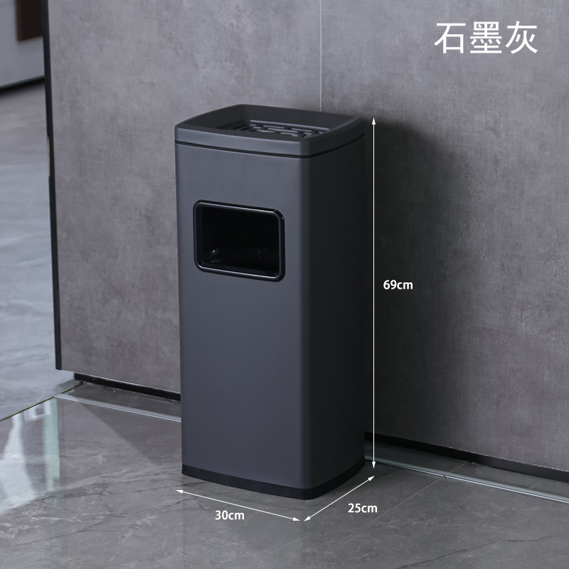 Bote de basura de acero inoxidable del hotel con cenicero, entrada de ascensor vertical, pasillo del vestíbulo, columna de humo para fumar comercial