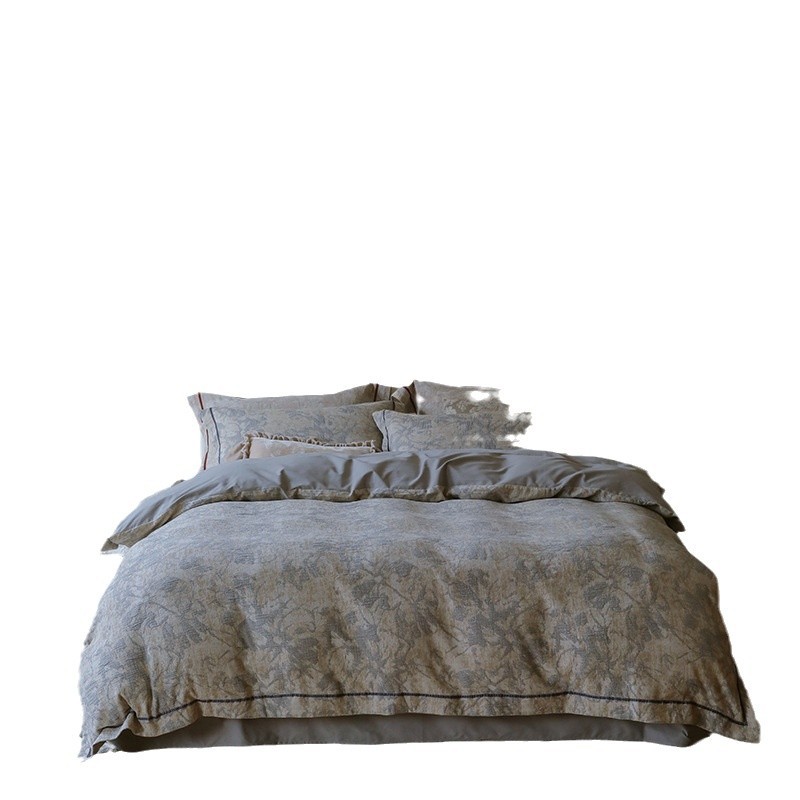 Nordisch-französisches Vintage-Boho-Set aus reiner, gebürsteter Baumwolle, vierteilig, bestehend aus garngefärbtem Jacquard-Bettlaken, -Bezug und -Bettwäsche, dicker Bettbezug._voghion.com