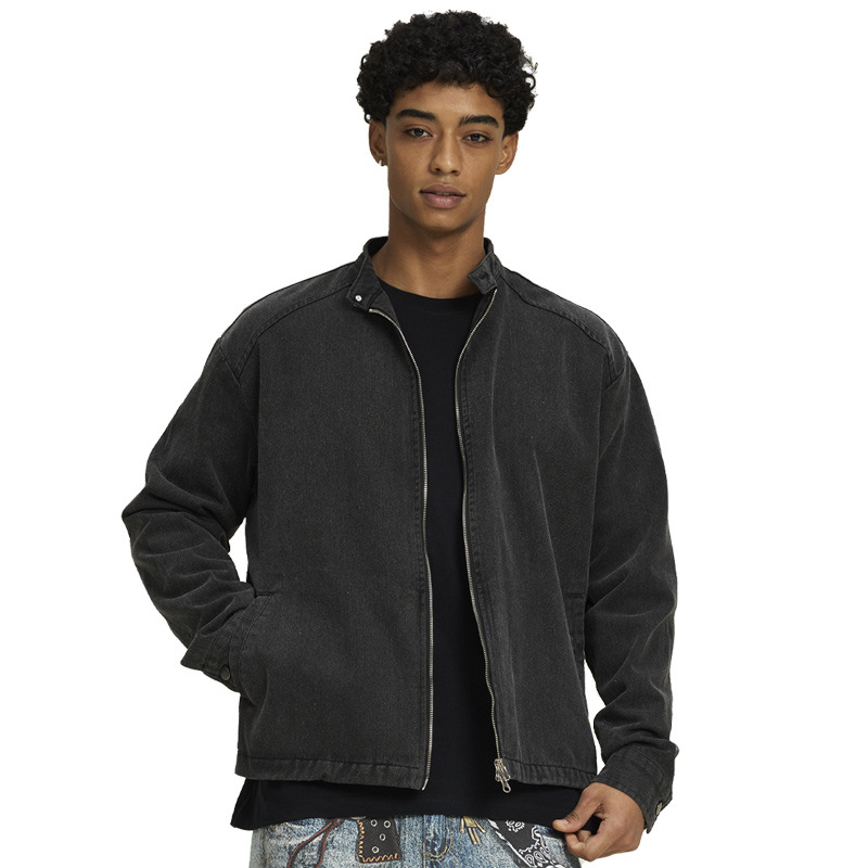 ETAI ropa de hombre nuevo estilo americano retro manga larga chaqueta de cuello para hombre versión corta y ancha marca de maras lavada con agua para hacer chaqueta vieja