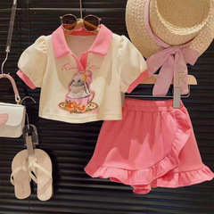 新品女童套裝卡通兔Polo領T恤不規則魚尾短裙兩件套2024小童夏裝