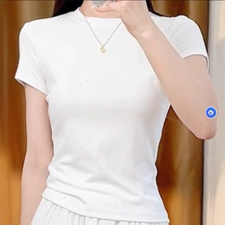 夕颜花语螺纹亮片小高领短袖正肩t恤女夏季修身内搭打底衫设计感