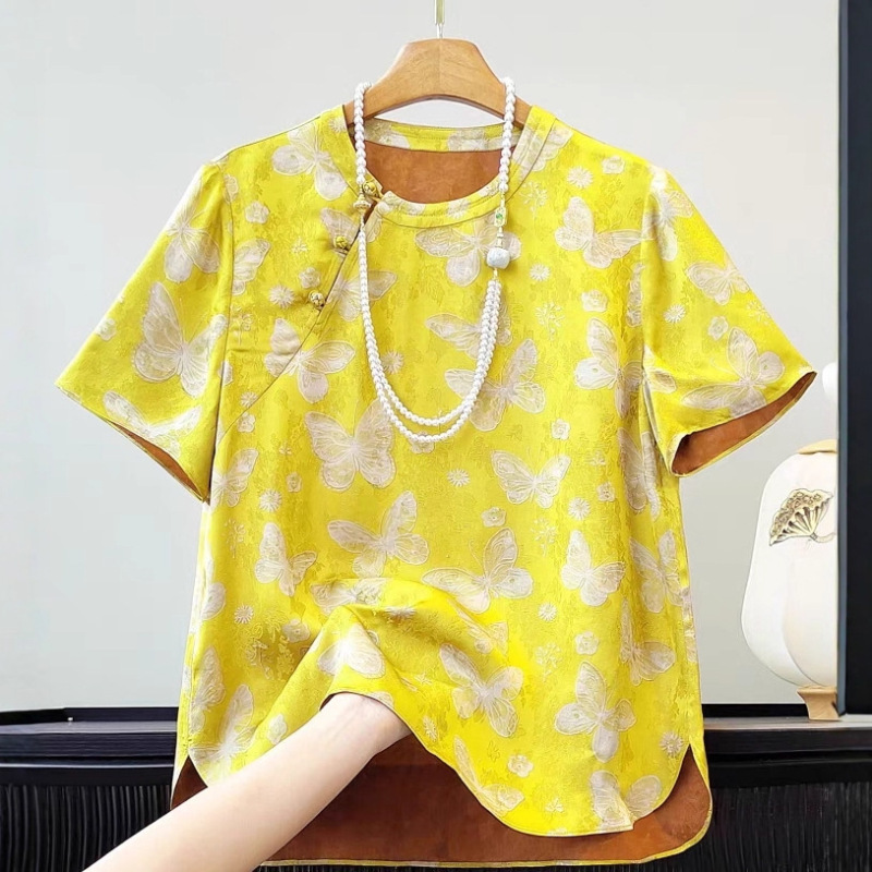 高品質の大きいサイズの気質中年女性の新しい中国風シャツ夏の新しい半袖Tシャツカジュアルレトロな中国風トップ|undefined