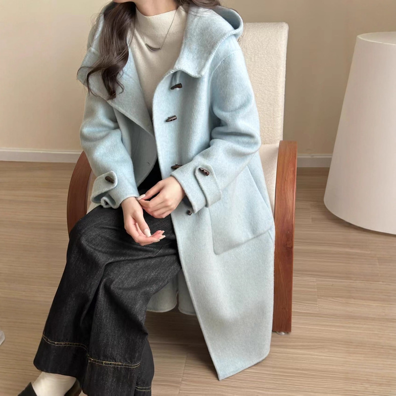 Horn Button Hooded Double-Sided Wool Outwear Single-Breasted Mid-Length Thickeneded Warm Simple Wool Outwear for Women