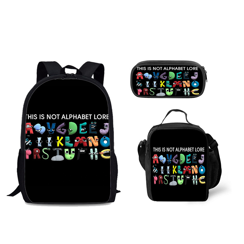 Venta al por mayor Alphabet Lore mochila escolar bolsa de hielo letra leyenda estudiante mochila bolsa de comida bolsa de tres piezas