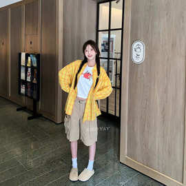 CD715夏季新款黄色格子长袖衬衫女慵懒风防晒宽松秋季叠穿上衣潮