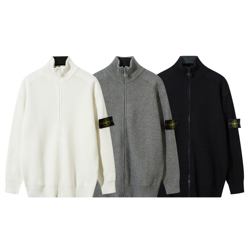 Cross-Border Stone Stone Island Zipper Open Chest Stand Collar Logo Knitted Sweater Versatile Simple Gender-Neutral Style Unisex