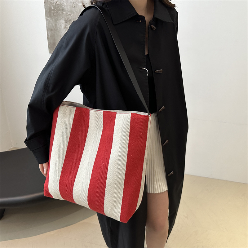 Bolsa de lona de gran capacidad, bolsa de hombro a rayas de mujer, texturas extranjeras, bolsas de compras coreanas, bolsas de tela portátiles.