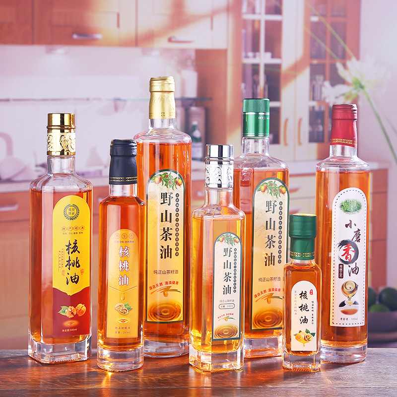 现货方形山茶油橄榄油核桃油透明玻璃密封大小容量厚底包装空瓶
