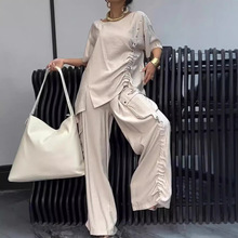 亚马逊2024夏季新款时尚休闲跨境欧美外贸女装圆领T恤长裤两件套
