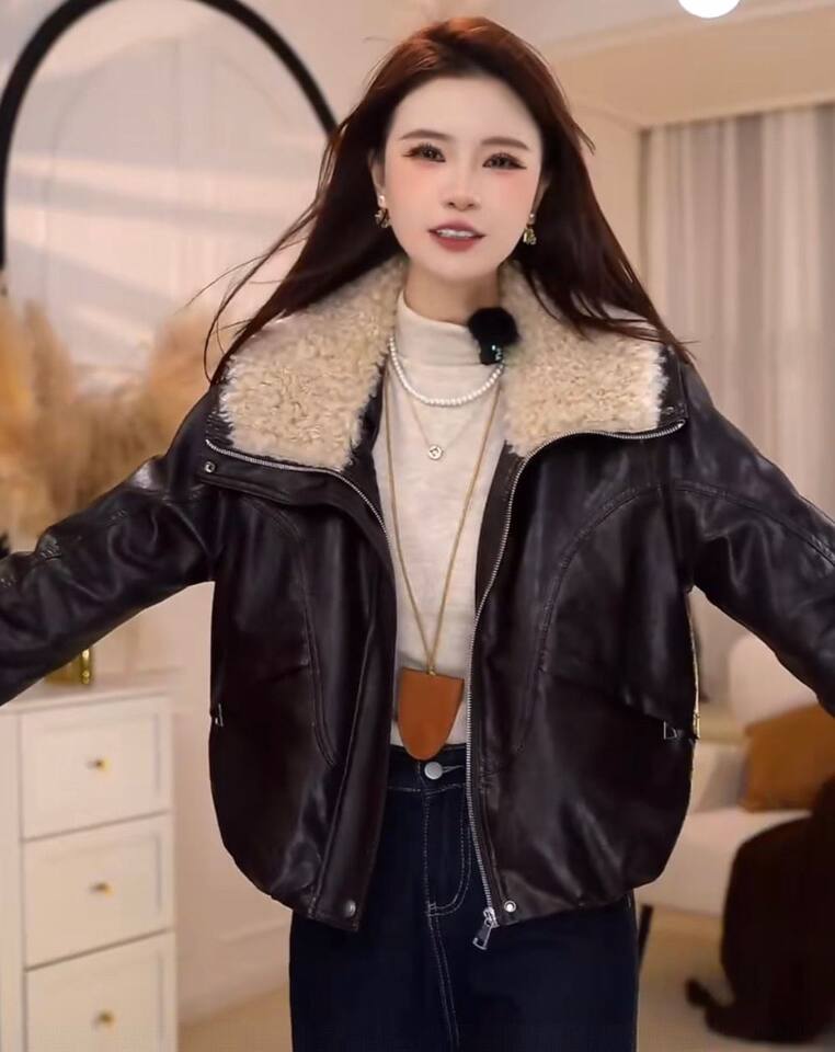 Áo khoác da PU dáng ngắn cổ áo lông, lót nỉ giữ ấm — màu cà phê, đen chi tiết 9