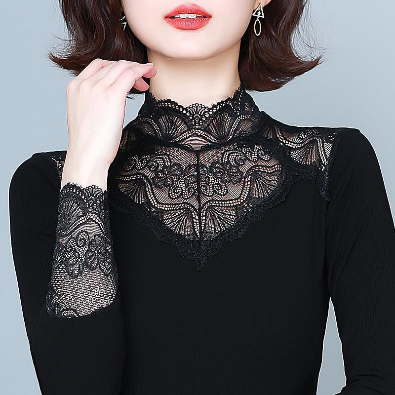 高领蕾丝打底衫春秋新款百搭小衫洋气显瘦女装黑色内搭弹力上衣薄|undefined