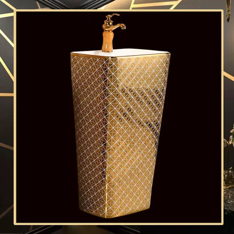 出口泰国欧美定制镀金连体柱盆彩金洗手盆土豪金方款落地盆金色盆