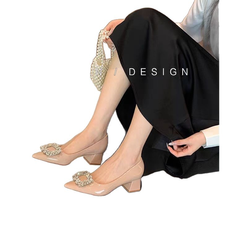 Pointed Toe Rhinestone Pumps With Chunky Mid Heel For Women_voghion.com