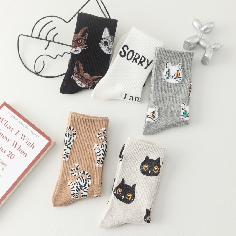 Women's Cartoon Pattern Mid-Calf Socks, Breathable and Sweat-Absorbent for Spring and Summer, Featuring Cat Emoji Designs, Versatile, Exclusively for Cross-Border Sales, Long Socks Women's Cartoon Pattern Mid-Calf Socks, Breathable and Sweat-Absorbent for Spring and Summer, Featuring Cat Emoji Designs, Versatile, Exclusively for Cross-Border Sales, Long Socks